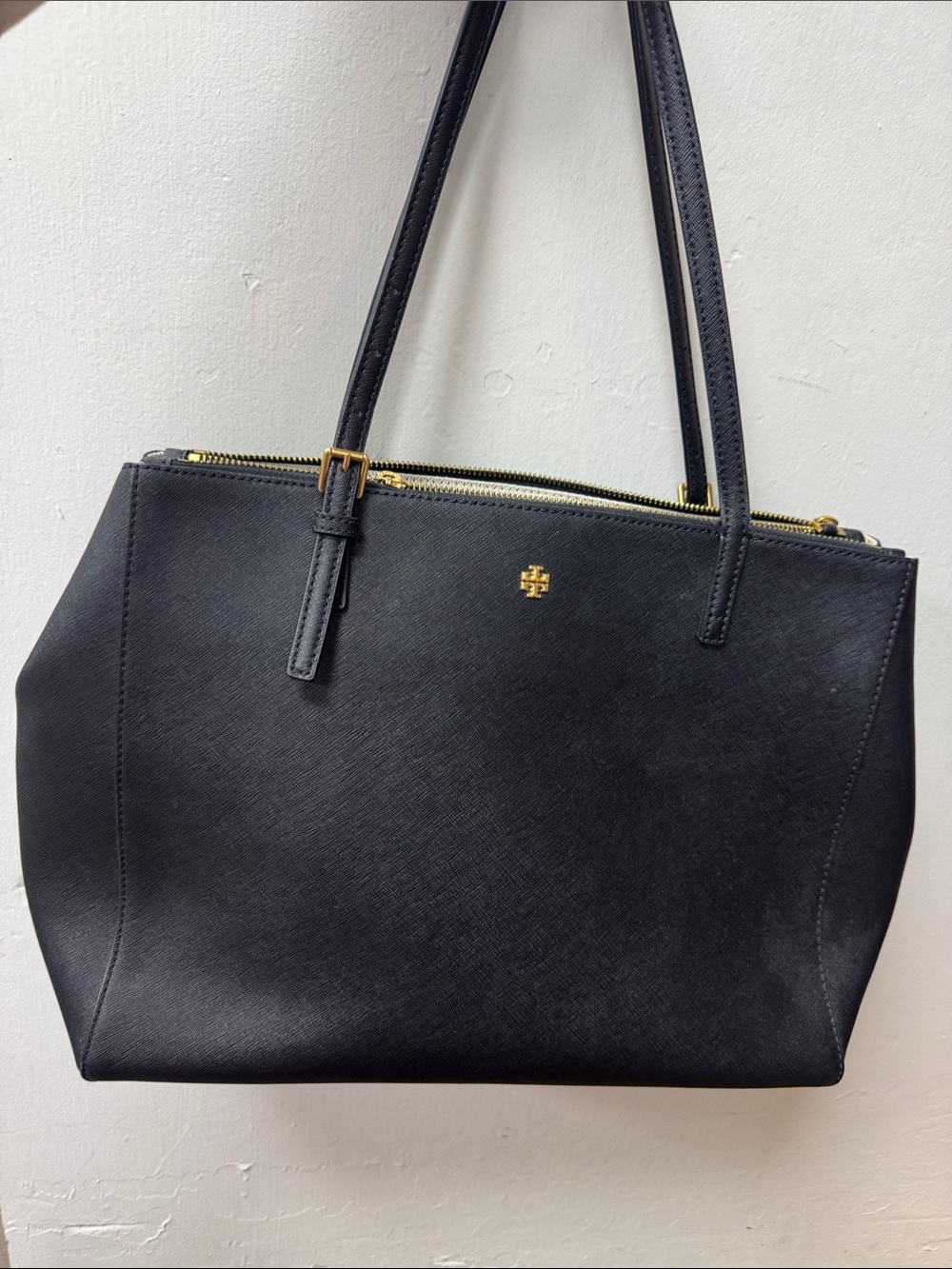 Tory Burch Black Leather Double-Handle Tote with Gold Hardware